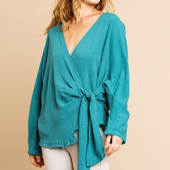 UMGEE Top Small NWT Linen Blend Long Sleeve V-Neck Wrap Waist Tie and Ruffle Hem - Picture 11 of 11